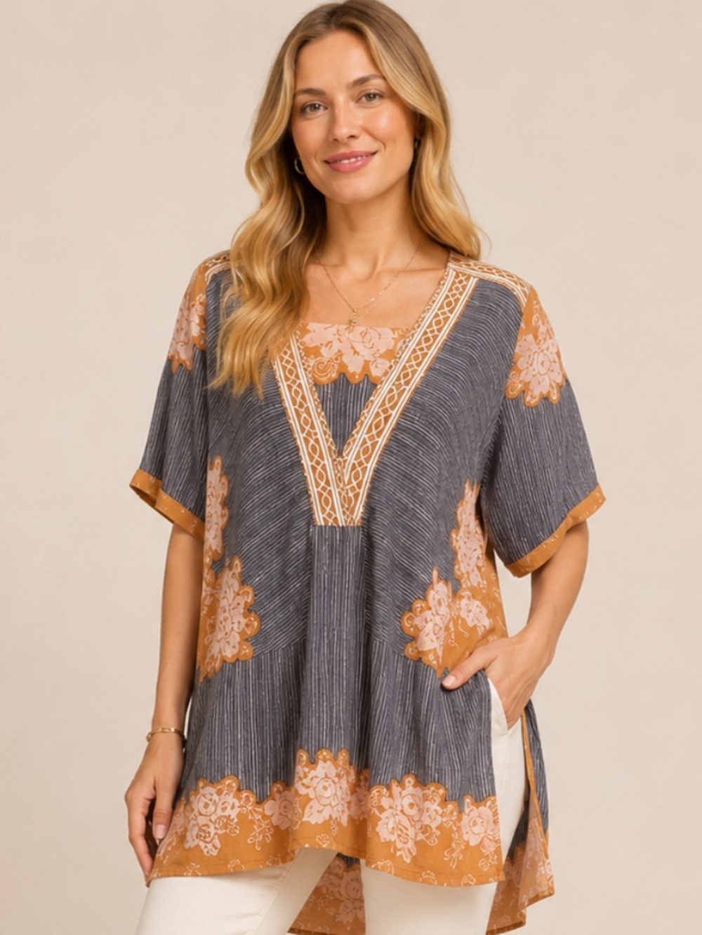 Free People - Blue Striped and Mustard Mixed Print Tunic Beach Cover Up - SzSM